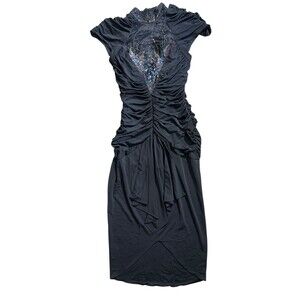 Vtg Casadei Black Beaded Runched Dress Plunging Neckline Sz 8